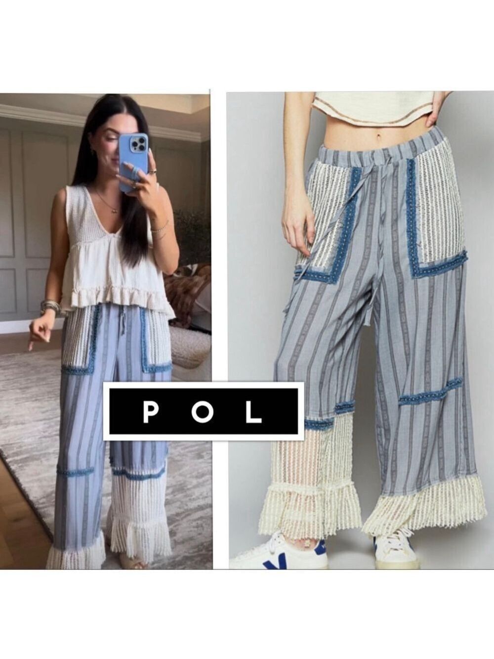 NEW Pol Boho Denim Patchwork Free
People Style Crochet Wideleg Flare pant size L